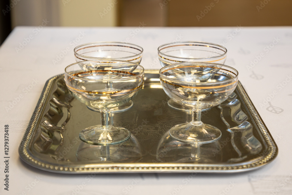 Macro view of glasses for wine on wedding ceremony