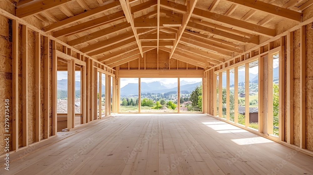 Framing Construction with Mountain View in New Residential Home Build Framing Construction with Mountain View in New Residential Home Build