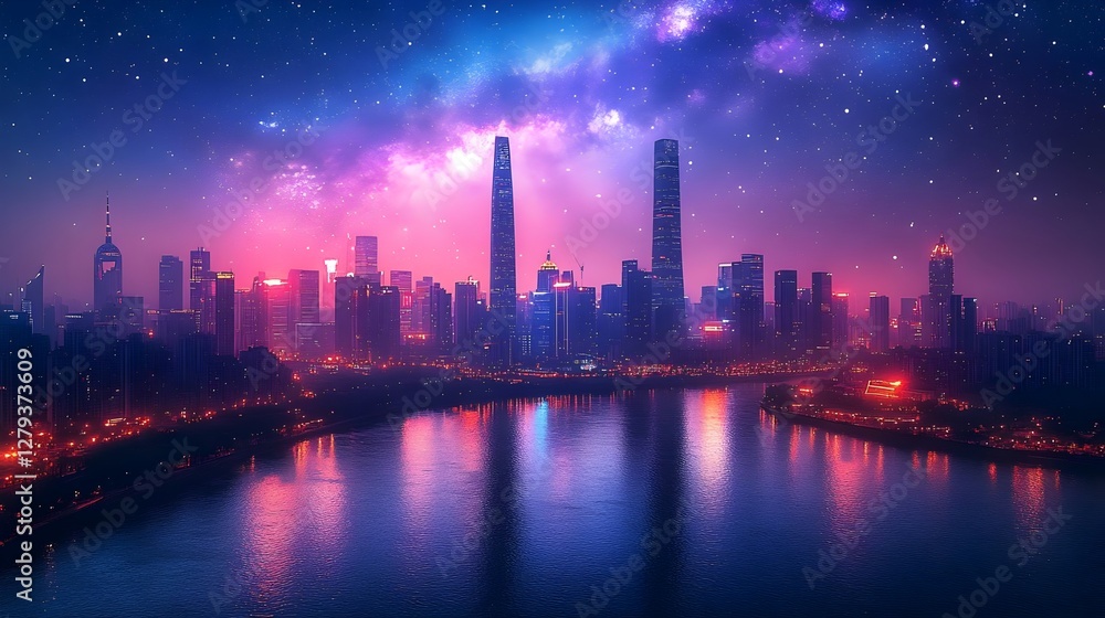 Fototapeta premium Vibrant Night City Skyline Reflected River Lights Stars Universe | AI Generated