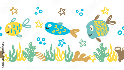 Seamless underwater border with cute fish corals and bubbles, kids edging vector illustration