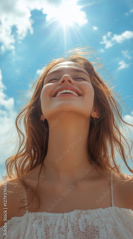Joyful Girl Laughing Under Blue Sky, Radiant Smile and Happiness, Sunlit Summer Day, Positive Emotions, Young Woman Enjoying Life, Carefree and Blissful Joyful Girl Laughing Under Blue Sky, Radiant Smile and Happiness, Sunlit Summer Day, Positive Emotions, Young Woman Enjoying Life, Carefree and Blissful