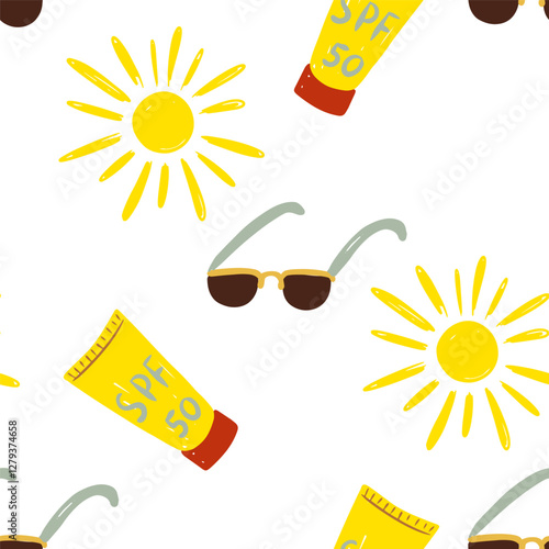 Seamless summer pattern with sun sunscreen and sunglasses vector illustration