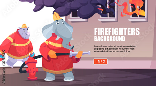 Firefighters animals. elephant and rhinoceros putting out fire