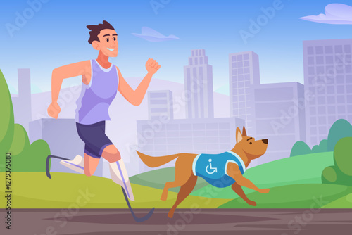 Leg prosthesis sportsmen. disabled runner with dog assistant