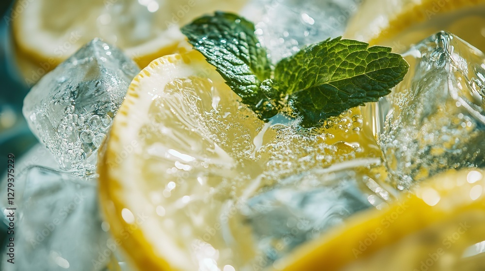 Zesty Refreshment: A Close-Up Photograph of Lemon Slices, Fresh Mint, and Ice Cubes in a Sparkling Drink