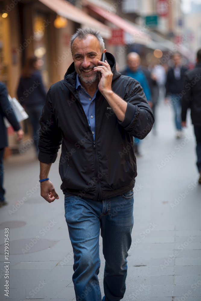 Man with arafat walking on street while talking on cellphone Man with arafat walking on street while talking on cellphone