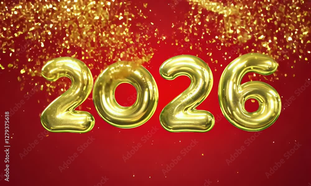 Golden foil balloons forming '2026' hover on a bright red background with swirling golden confetti Golden foil balloons forming '2026' hover on a bright red background with swirling golden confetti