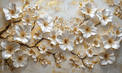 Elegant 3D Flower Decoration with Silk Background Print for Wall Art and Home Decor featuring Stunning White and Gold Blossoms