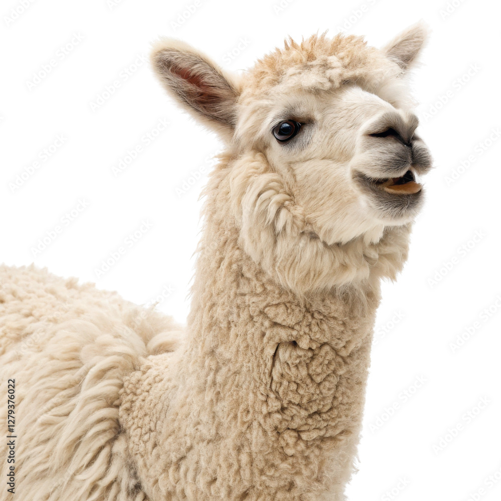 Fototapeta premium Fluffy white alpaca isolated on a white background.