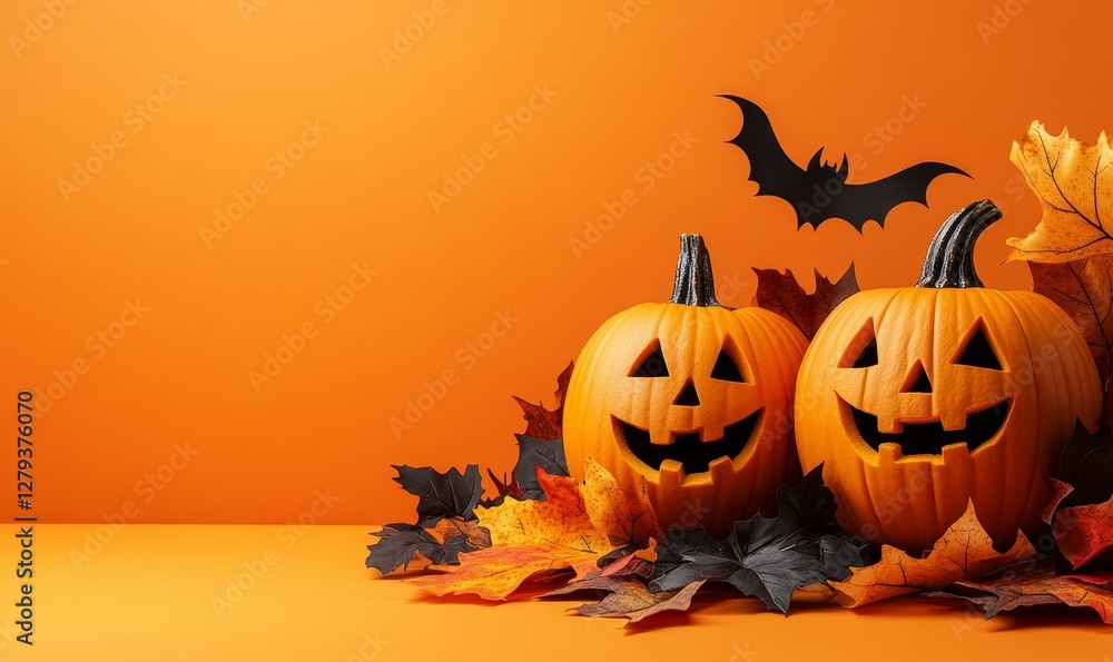 Halloween Jack O Lanterns with Carved Faces on Orange Background with Leaves and Bat Decoration for Festive Autumn Theme Halloween Jack O Lanterns with Carved Faces on Orange Background with Leaves and Bat Decoration for Festive Autumn Theme