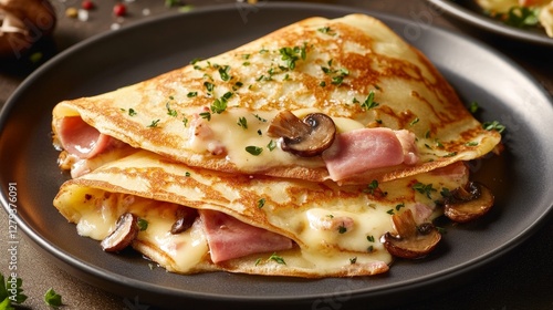 Delicious Ham and Mushroom Crepes with Cheese and Fresh Herbs