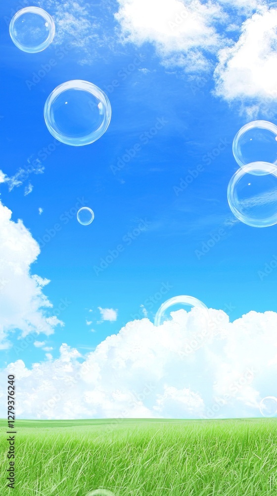 Sparkling bubbles in a vibrant blue sky over a green field Sparkling bubbles in a vibrant blue sky over a green field