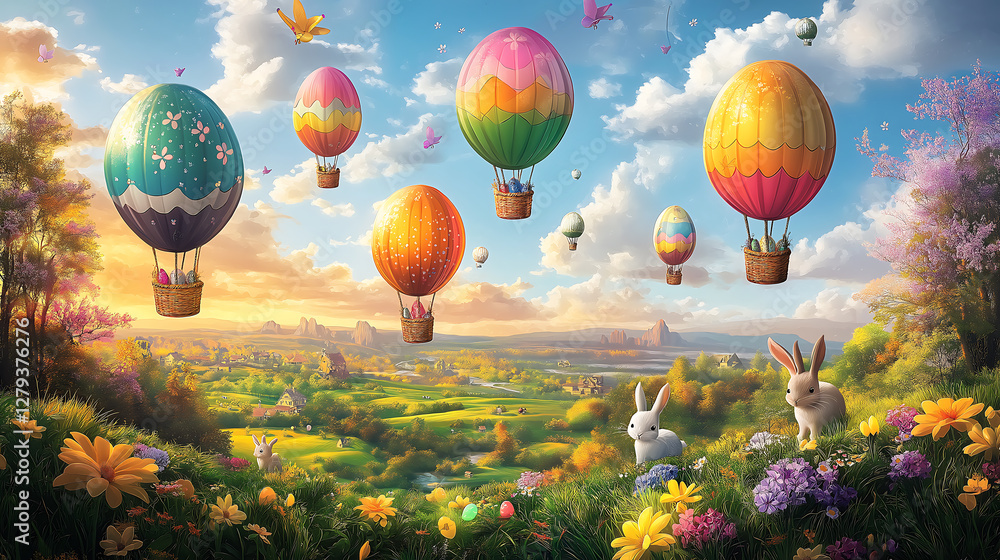 Fototapeta premium Vibrant illustration of colourful eggs balloons in air.