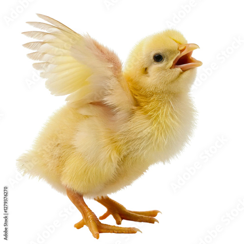 Charming yellow chick with wings spread isolated on a white background.