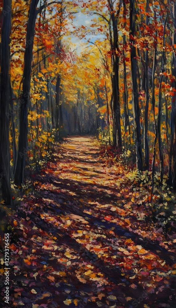 Obraz premium Autumnal Forest Path With Sunlight Filtering Through The Leaves