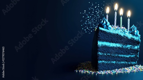 A vibrant blue birthday cake is displayed with four candles lit on top. The cake is adorned with colorful sprinkles and set against a dark background, creating a festive atmosphere