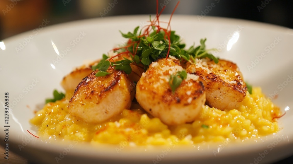 Seared Scallops on Creamy Yellow Risotto with Fresh Garnish Seared Scallops on Creamy Yellow Risotto with Fresh Garnish