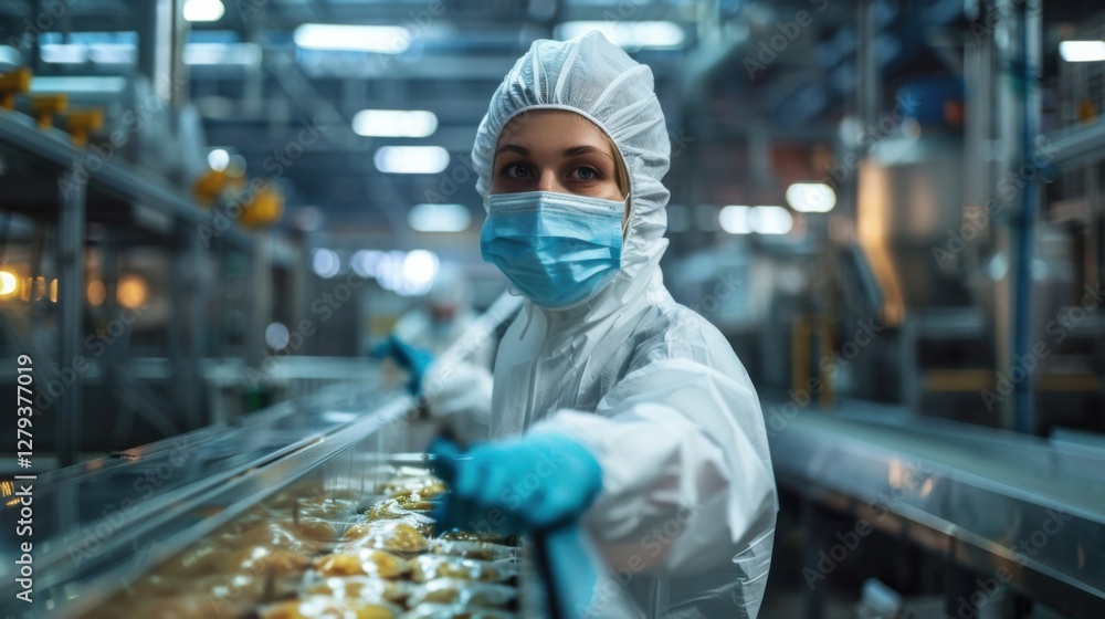 A food processing plant worker in a sterile environment efficiently packaging and labeling processed foods A food processing plant worker in a sterile environment efficiently packaging and labeling processed foods