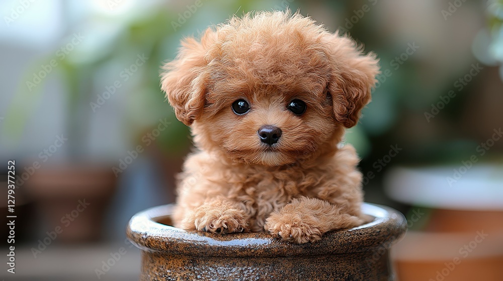 A small puppy with fluffy brown fur sits comfortably in a flower pot, giving a playful expression in a warm, well-lit indoor space surrounded by greenery A small puppy with fluffy brown fur sits comfortably in a flower pot, giving a playful expression in a warm, well-lit indoor space surrounded by greenery