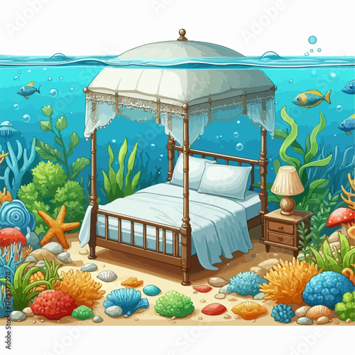 vector illustration of bedroom under the sea