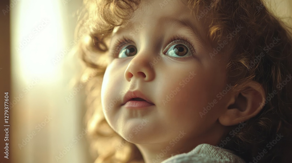 A young child with curly hair looks up with wide eyes, captivated by something outside the window. Soft light illuminates their face, creating a serene atmosphere A young child with curly hair looks up with wide eyes, captivated by something outside the window. Soft light illuminates their face, creating a serene atmosphere