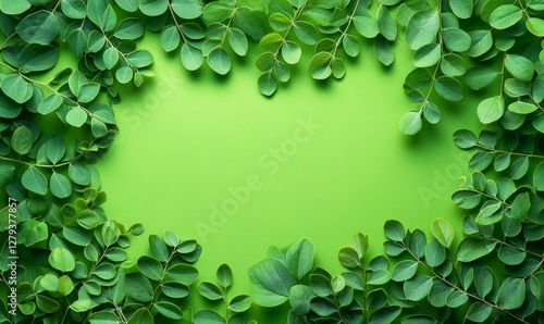 Fresh spring moringa leaves on vibrant green background with copy space, symbolizing natural wellness and herbal health concepts
