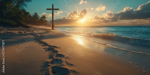 Fototapeta Naklejka Na Ścianę i Meble -  Sunset over the beach with a cross and footprints alongside the shore