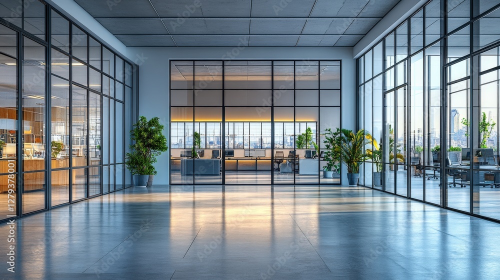 Fototapeta premium Modern office interior featuring large glass windows, plants, and a spacious layout with workstations