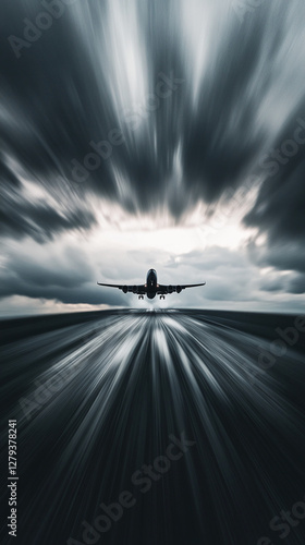 A powerful airplane taking off from the runway with motion blur, symbolizing speed, energy, and the thrill of aviation as it ascends into dramatic skies.