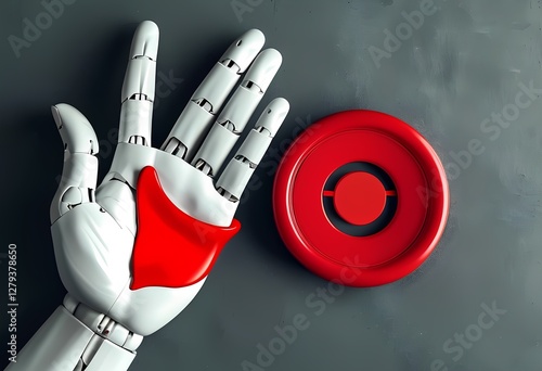 Robotic hand with interactive red button on a gray surface during a technology demonstration photo