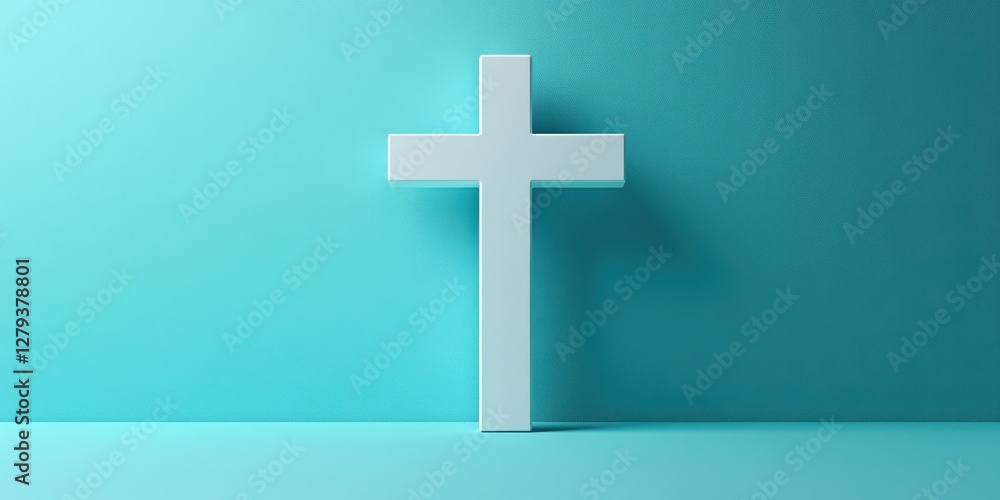 Modern white cross displayed against a turquoise background in a minimalistic setting for thematic decoration Modern white cross displayed against a turquoise background in a minimalistic setting for thematic decoration