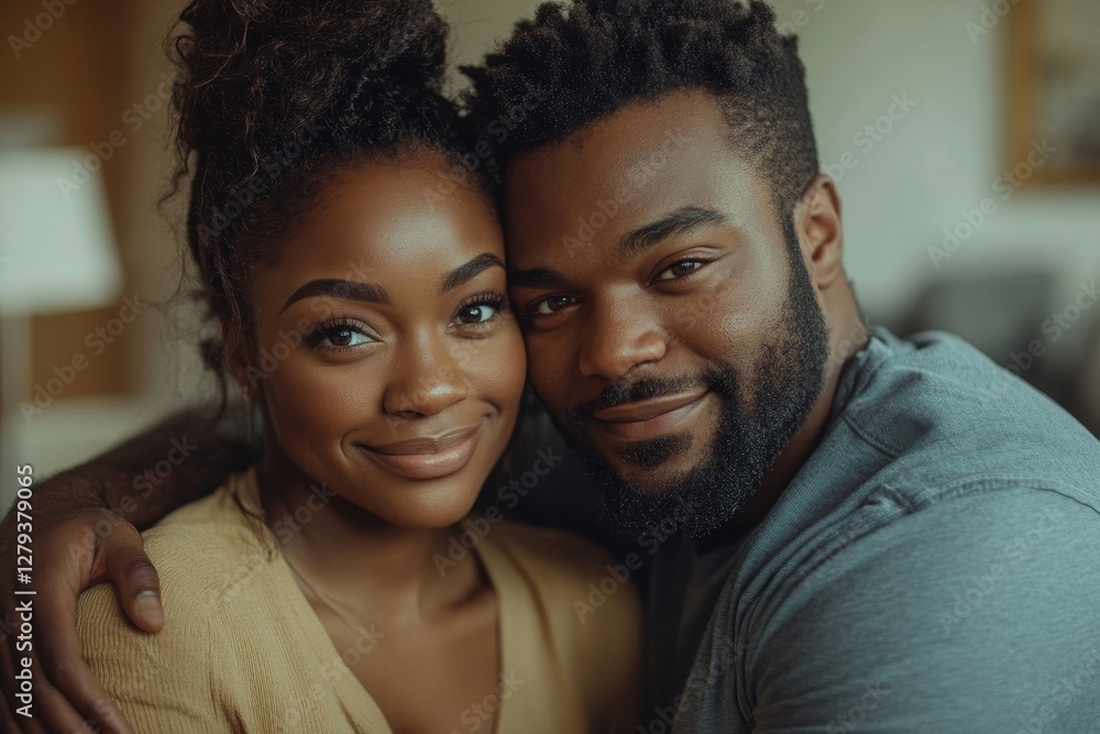 Happy married black couple enjoying time on weekend in living room, sitting and cuddling on couch. Marriage, relationship Happy married black couple enjoying time on weekend in living room, sitting and cuddling on couch. Marriage, relationship