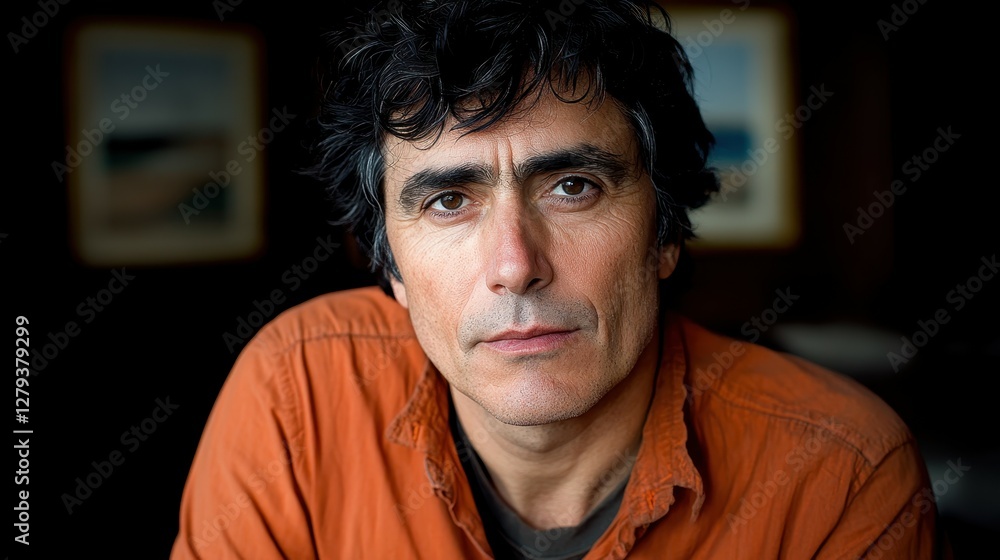 A man with dark, tousled hair sits calmly indoors, displaying an intense gaze. The warm lighting creates a serene atmosphere, emphasizing his thoughtful expression A man with dark, tousled hair sits calmly indoors, displaying an intense gaze. The warm lighting creates a serene atmosphere, emphasizing his thoughtful expression