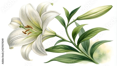 Easter lily, serene mood, gouache painting, delicate details, botanical art