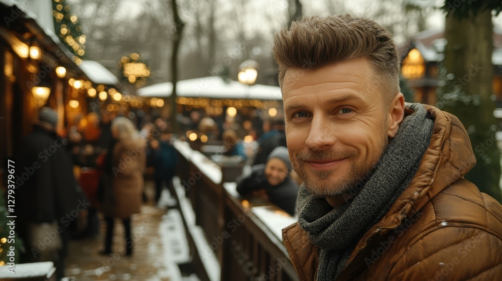 A man stands in front of a bustling winter market, smiling warmly while surrounded by people enjoying the festive atmosphere amid gentle snowfall