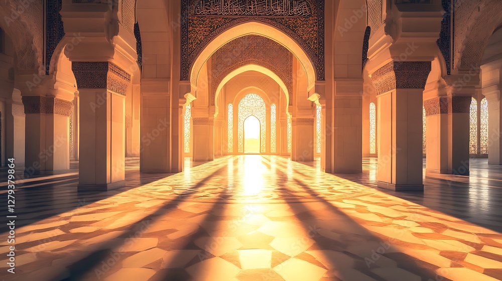Obraz premium Grand Mosque Interior with Arches and Sunlight Creating Dramatic Shadows