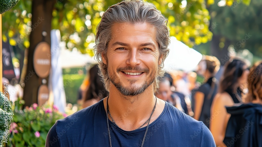 A cheerful man with long, wavy hair and a beard stands in an outdoor festival surrounded by greenery and people, absorbing the lively atmosphere on a sunny afternoon A cheerful man with long, wavy hair and a beard stands in an outdoor festival surrounded by greenery and people, absorbing the lively atmosphere on a sunny afternoon