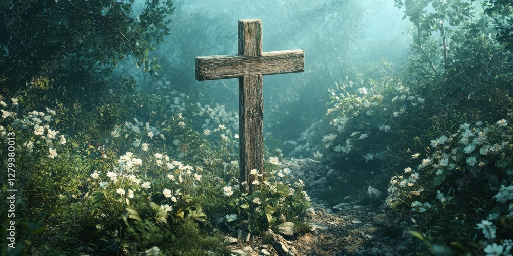 Naklejka premium Wooden cross surrounded by wildflowers in a serene forest clearing during early morning light