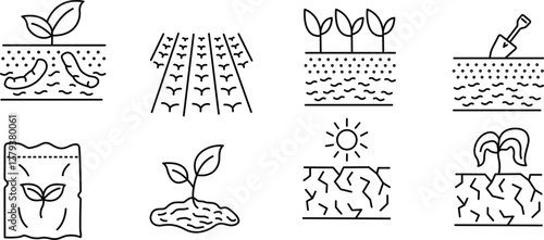 Agricultural Growth and Soil Health Icons. Farming & Sustainability Symbols.