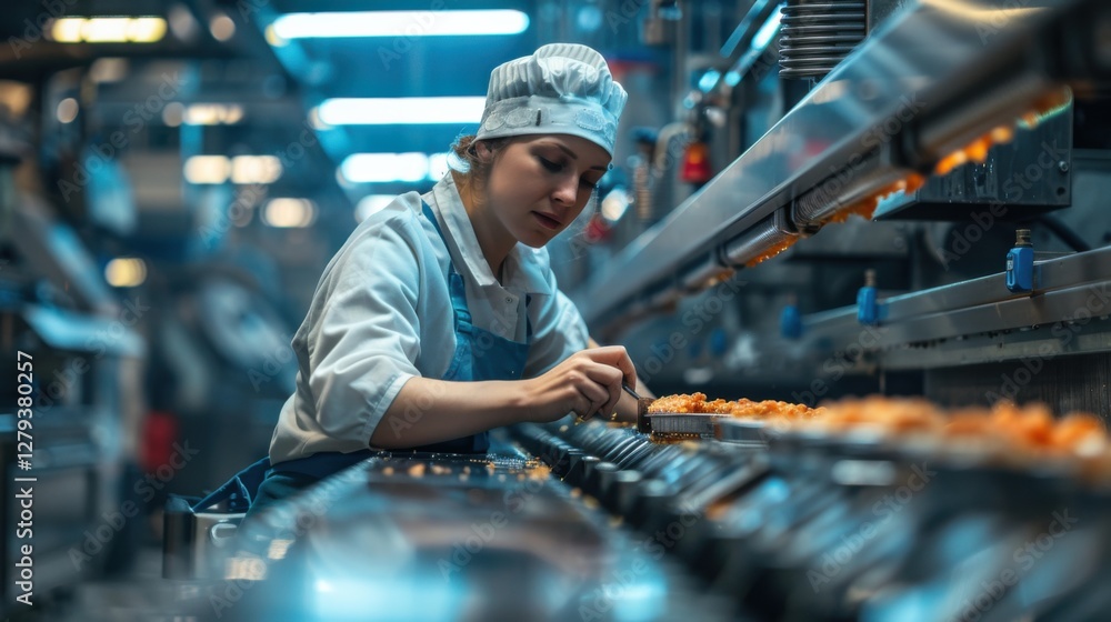 A food processing plant worker in a sterile environment efficiently packaging and labeling processed foods A food processing plant worker in a sterile environment efficiently packaging and labeling processed foods