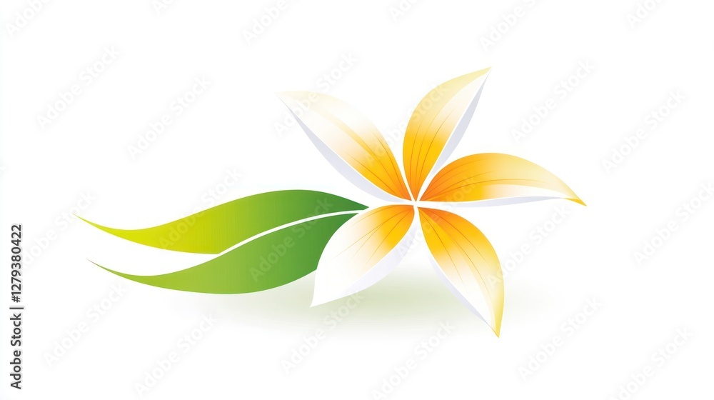 Serene Plumeria Flower with Lush Green Leaves, Vector Illustration of Tropical Blossom, Isolated on White Background Serene Plumeria Flower with Lush Green Leaves, Vector Illustration of Tropical Blossom, Isolated on White Background