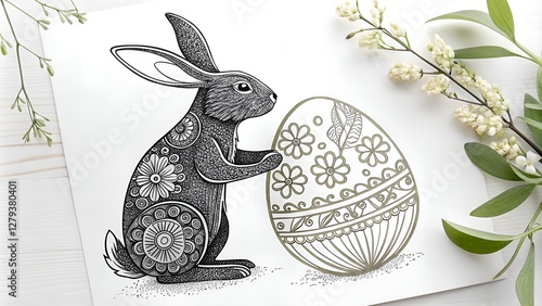Hand-drawn ink illustration of a rabbit with decorated Easter egg, artistic style, monochrome tones