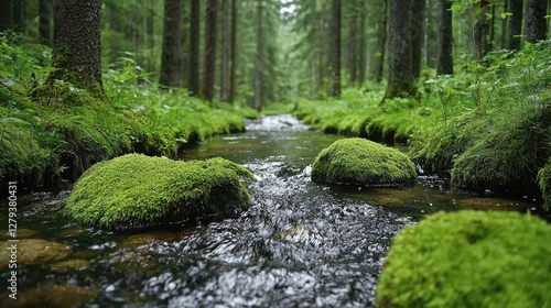 Forest stream flows through mossy rocks. Peaceful nature scene for relaxation