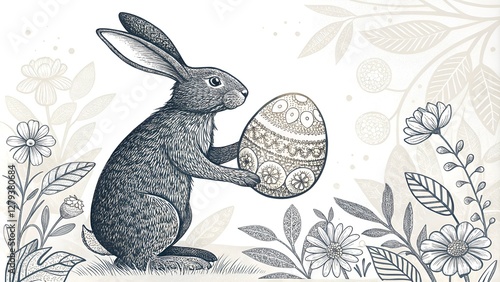 Stylized rabbit holding ornate Easter egg among flowers in monochrome floral design