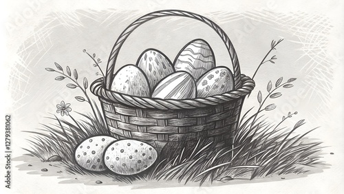 Woven basket with decorative Easter eggs on grass in black and white vintage style