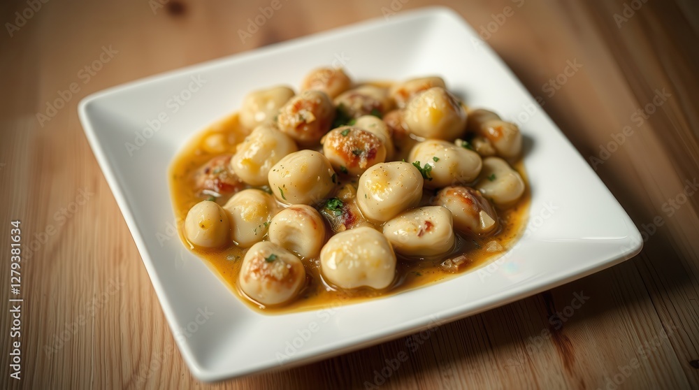 Fluffy Potato Gnocchi Pasta Noodles in a Brown Butter Sauce on a Square White Plate