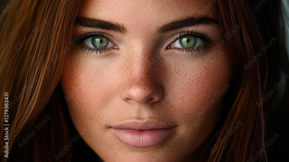 Obraz premium Close-up portrait of a young woman with freckles and striking green eyes. Her auburn hair frames her face, creating a warm and inviting mood.