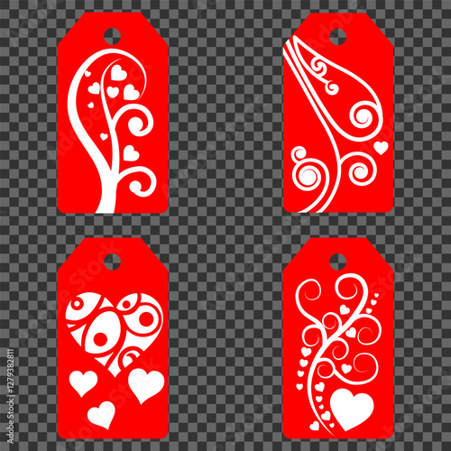 Set blank white paper price tags or gift tags. Set of gift or price tags shapes with hearts and love. Vector templates for cutting. Valentine's Day tag stencils. Mock up paper price tags or gift tags