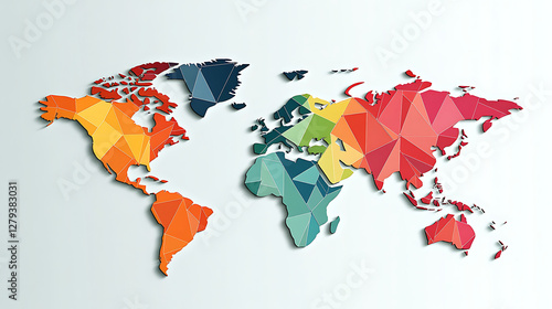 A colorful world map made of triangles The map is divided into four sections each with a different color photo