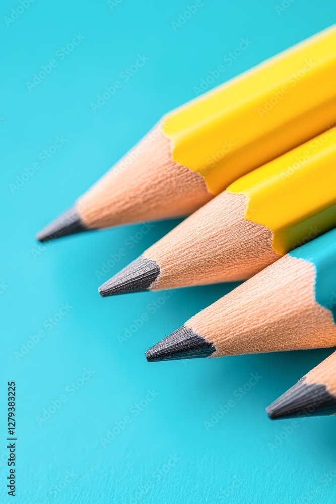 Fototapeta premium Three sharpened colored pencils in vibrant yellow and teal rest against a teal background, perfect for educational materials, artistic projects, or crafting